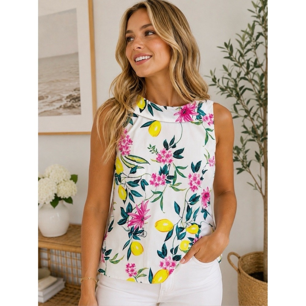 RSVP by Talbots Floral Lemon Print Sleeveless Blouse Size 4 NWOT Cotton Top